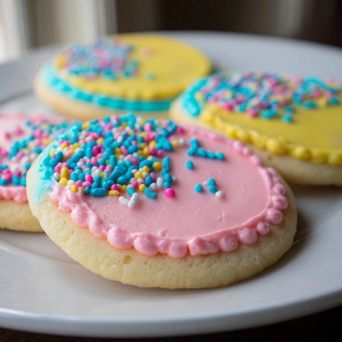 Soft Easter cookies with pastel royal icing and colorful sprinkles on a rustic wooden serving board