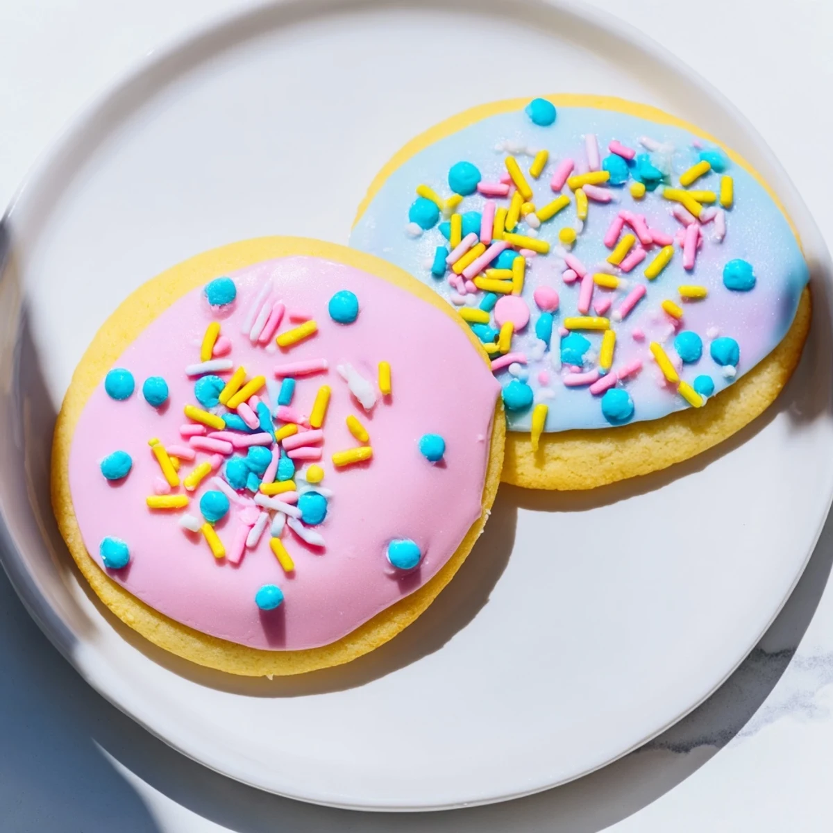 Decorated Easter sugar cookies arranged on a white platter with spring-themed sprinkles and icing details