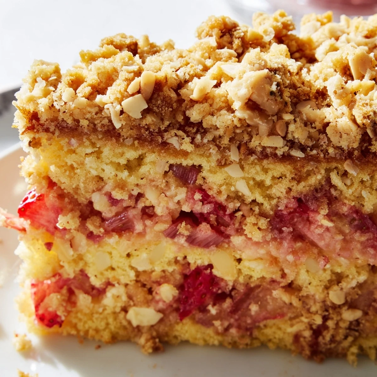 Golden Ultimate Spring Baking Treat with ruby rhubarb and strawberry pieces beneath buttery almond streusel