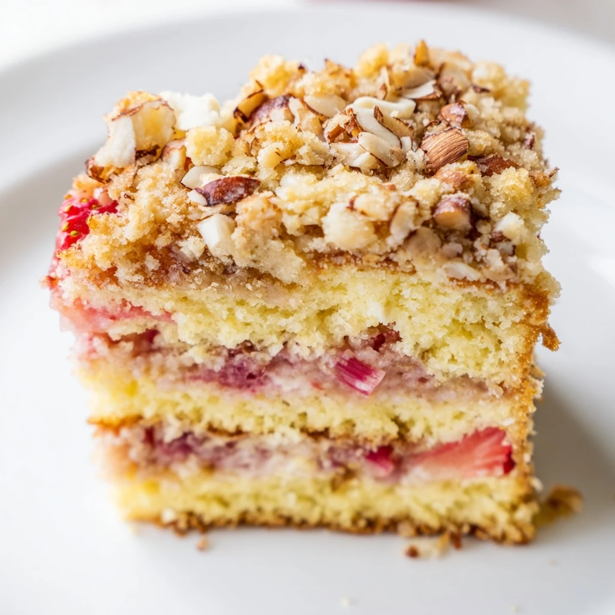 Tender lemon Ultimate Spring Baking Treat sliced to reveal juicy fruit filling and crunchy crumb topping
