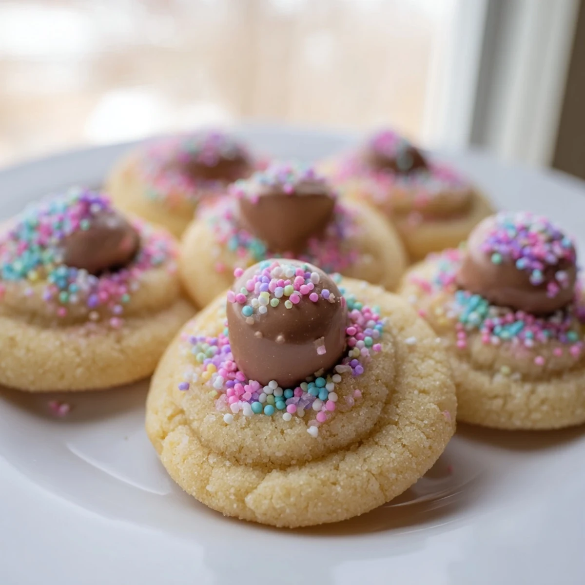 Soft Easter Blossom Cookies topped with colorful chocolate kisses and pastel sprinkles on a rustic baking sheet.