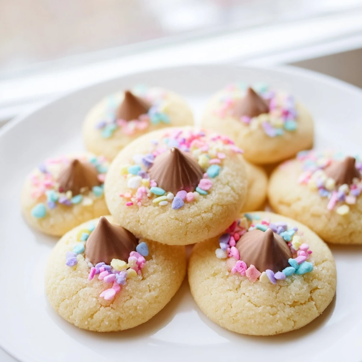 Golden Easter Blossom Cookies with melty chocolate centers surrounded by festive spring-colored sugar crystals.