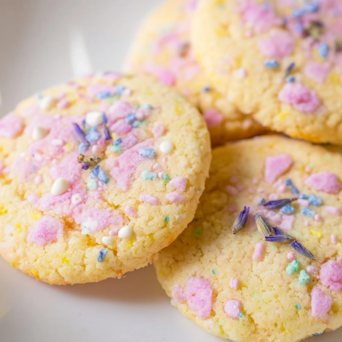 Soft Spring Blossom Cookies topped with pastel sprinkles on a rustic wooden serving board