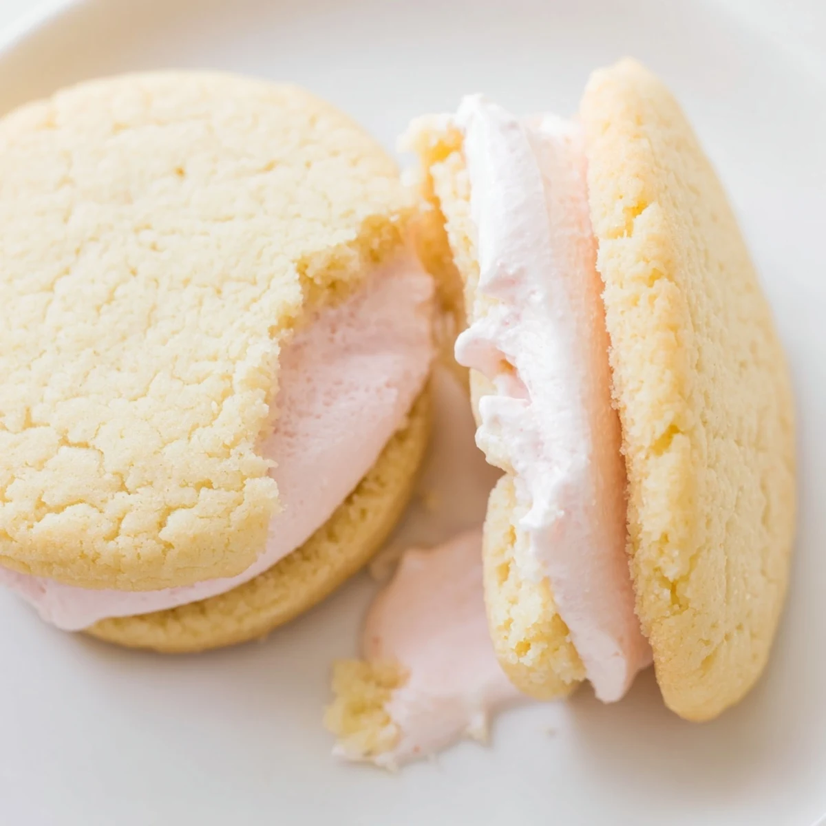 Soft pastel sugar cookie sandwiches with swirled buttercream filling on a white platter