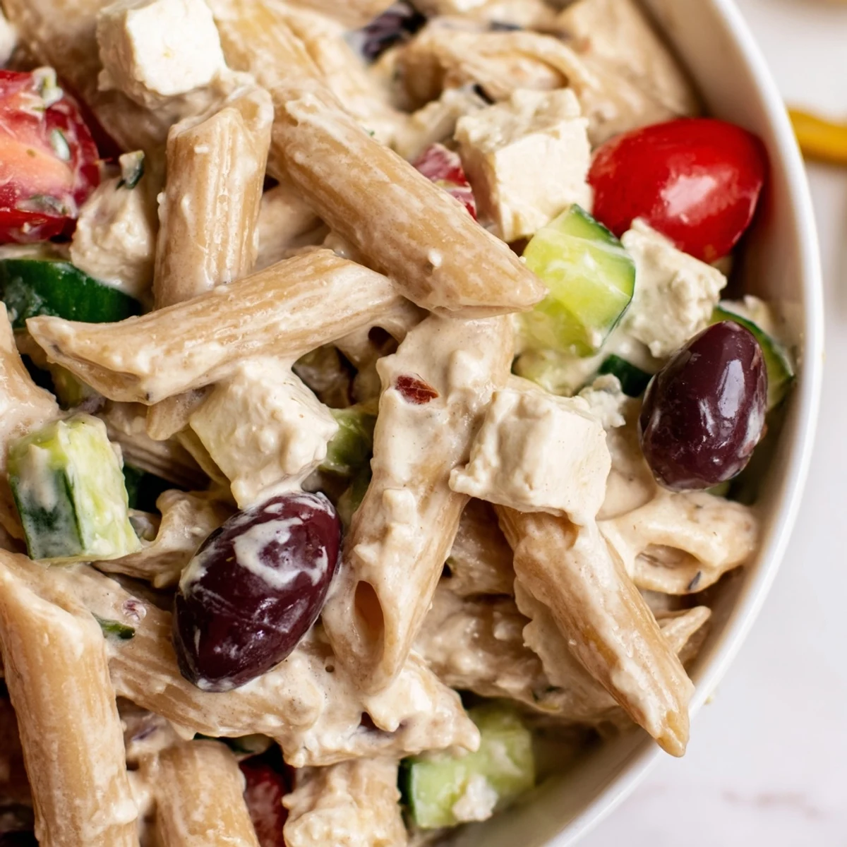 Colorful High Protein Greek Pasta Salad loaded with crisp vegetables, tender chicken, and creamy feta chunks
