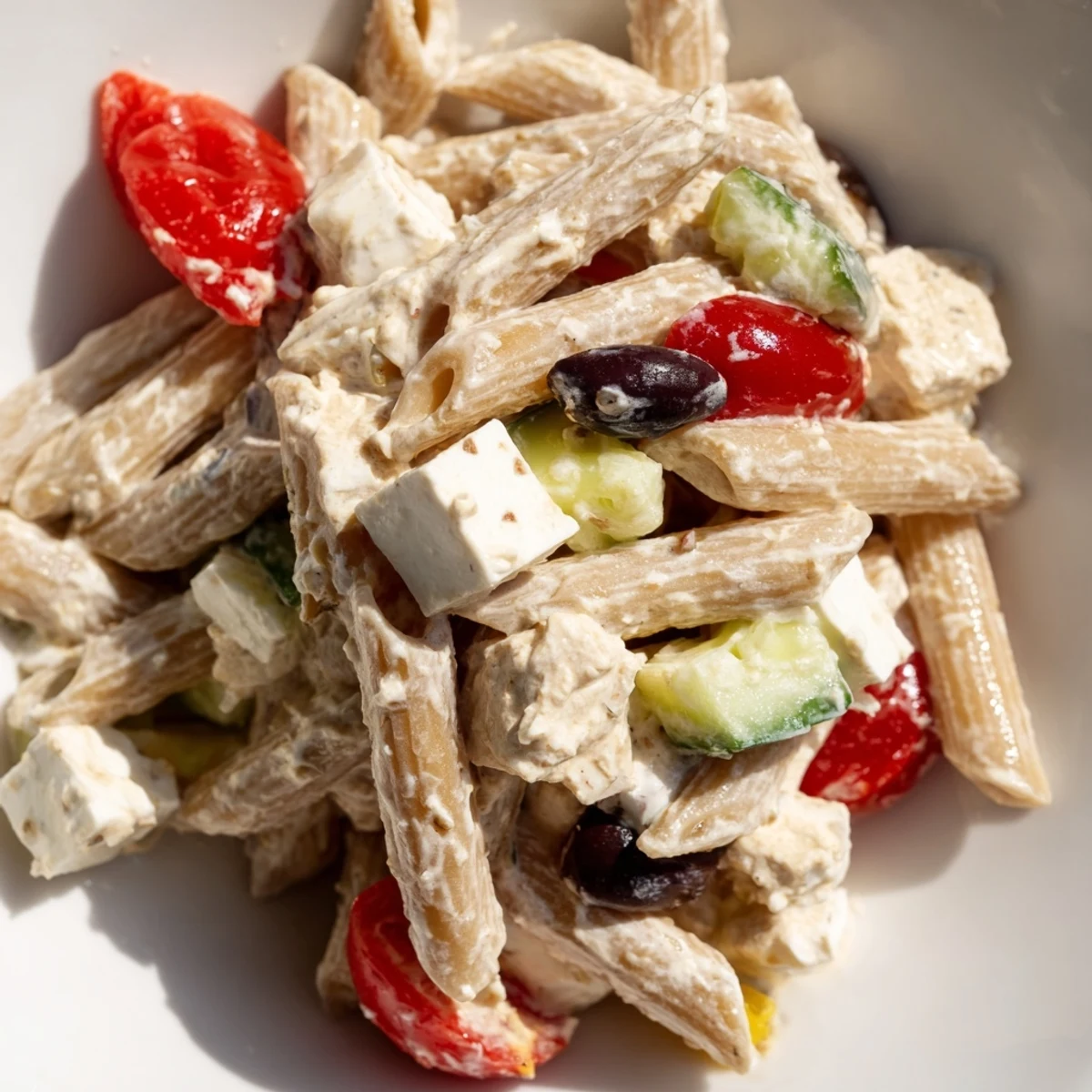 High Protein Greek Pasta Salad in a serving bowl with cherry tomatoes, cucumber, and olives