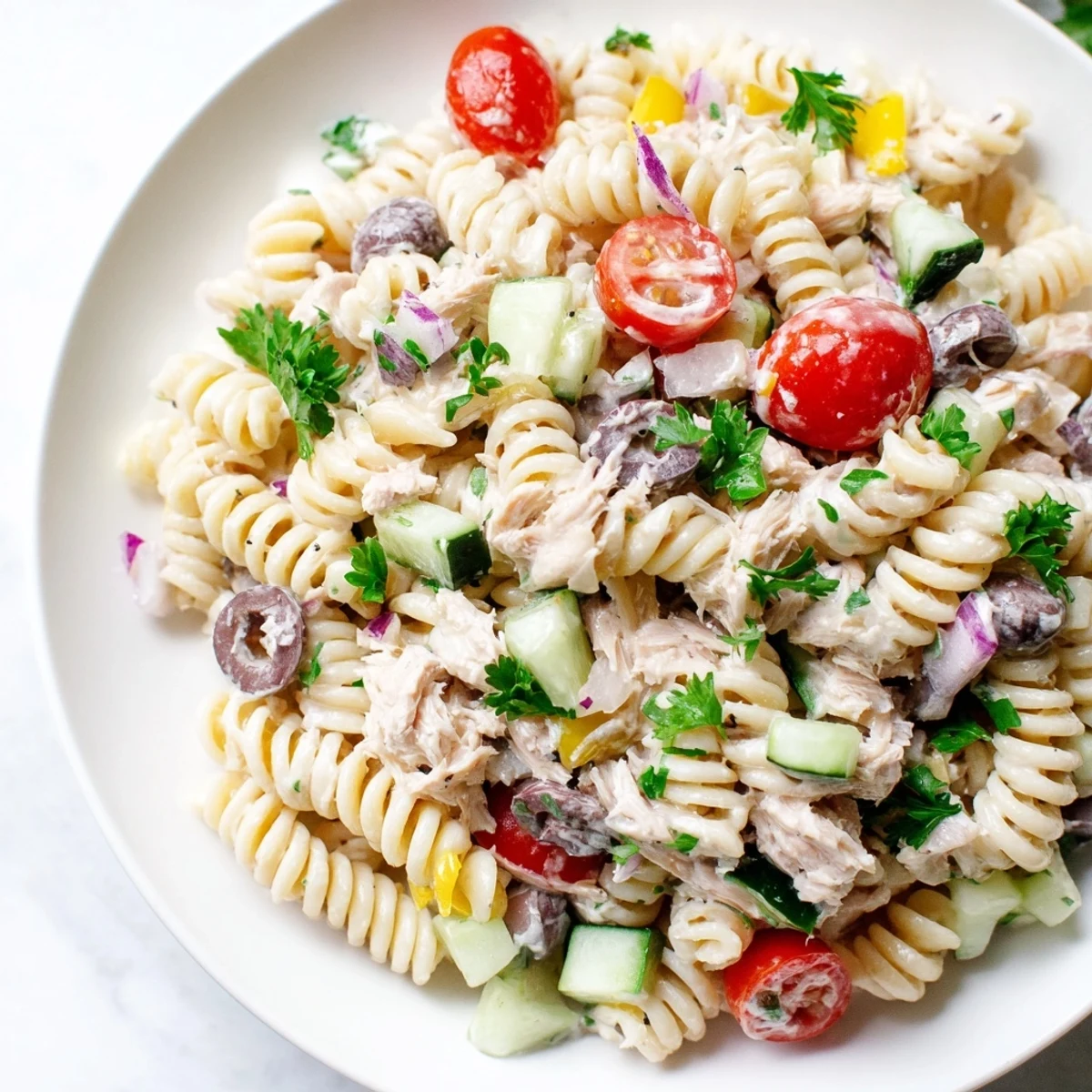 Chilled tuna pasta salad featuring crisp celery tomatoes and tangy dressing coating every bite
