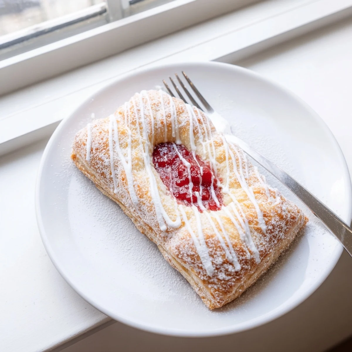 Golden Sourdough Discard Raspberry Cream Cheese Danishes drizzled with sweet vanilla glaze on parchment paper