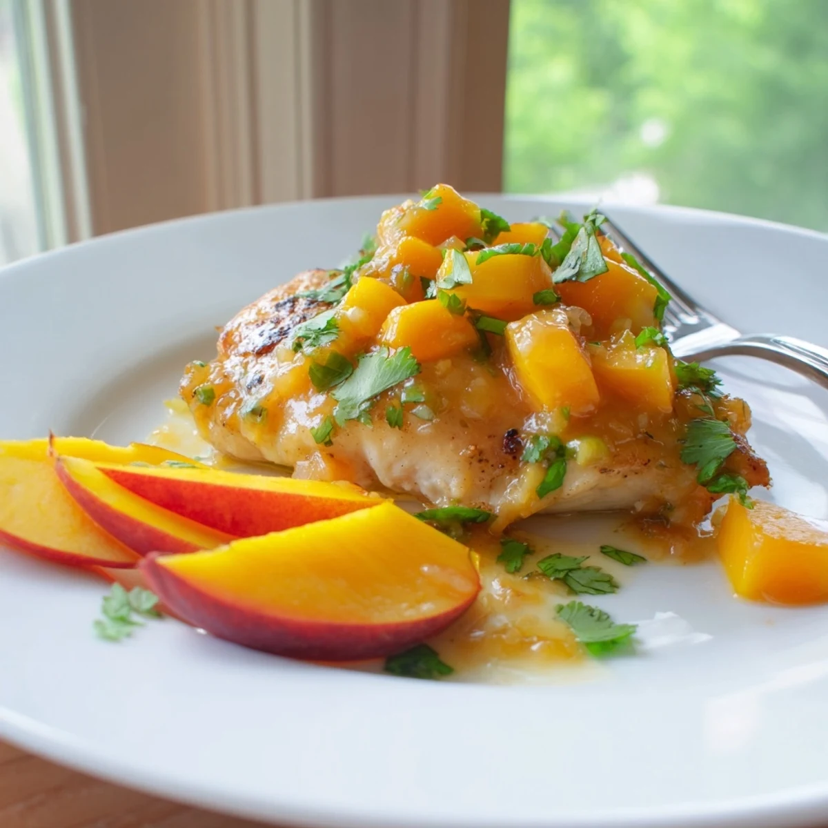 Juicy Jalapeno Peach Chicken glazed with golden sweet-spicy sauce on a white plate