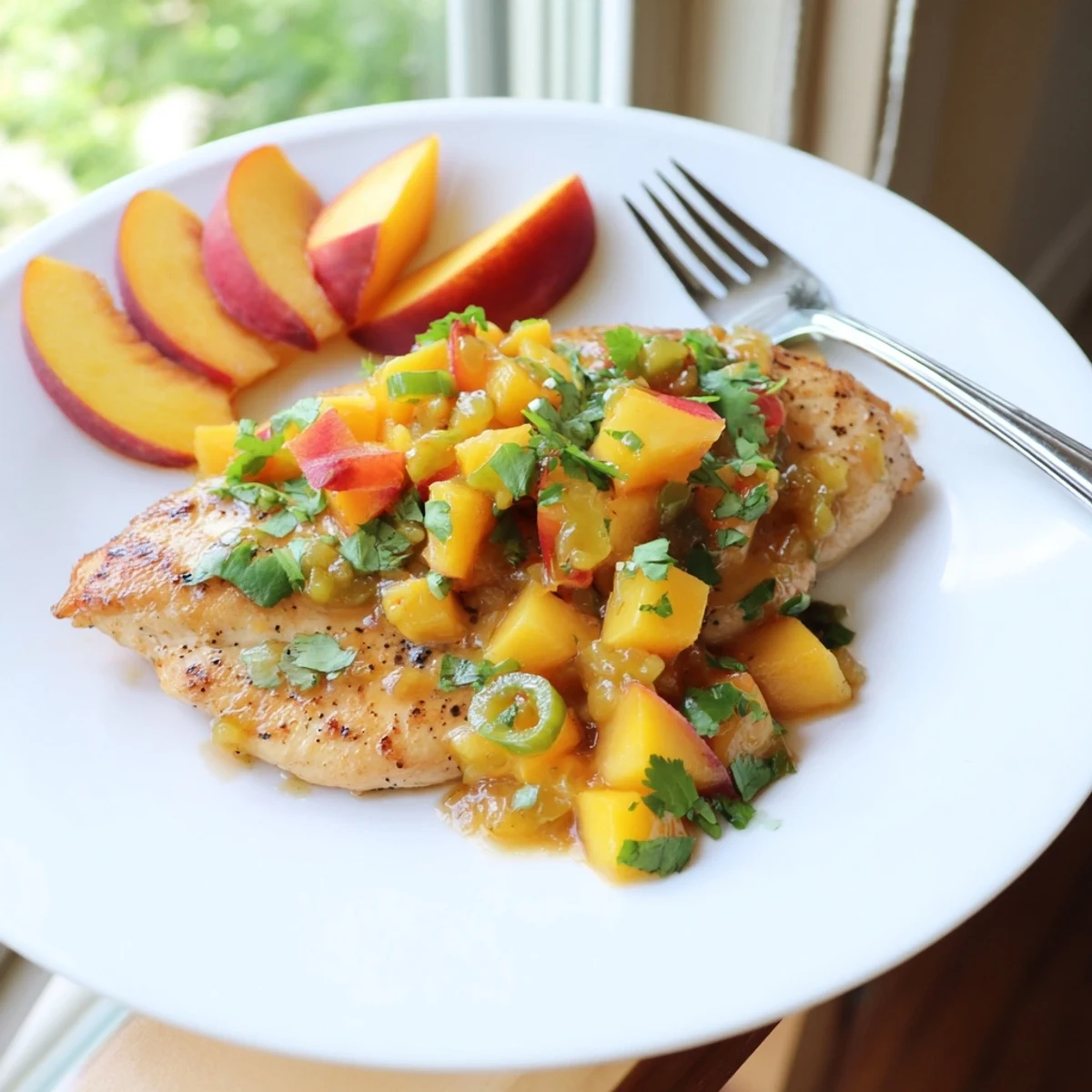Golden seared Jalapeno Peach Chicken topped with fresh herbs and sliced peaches