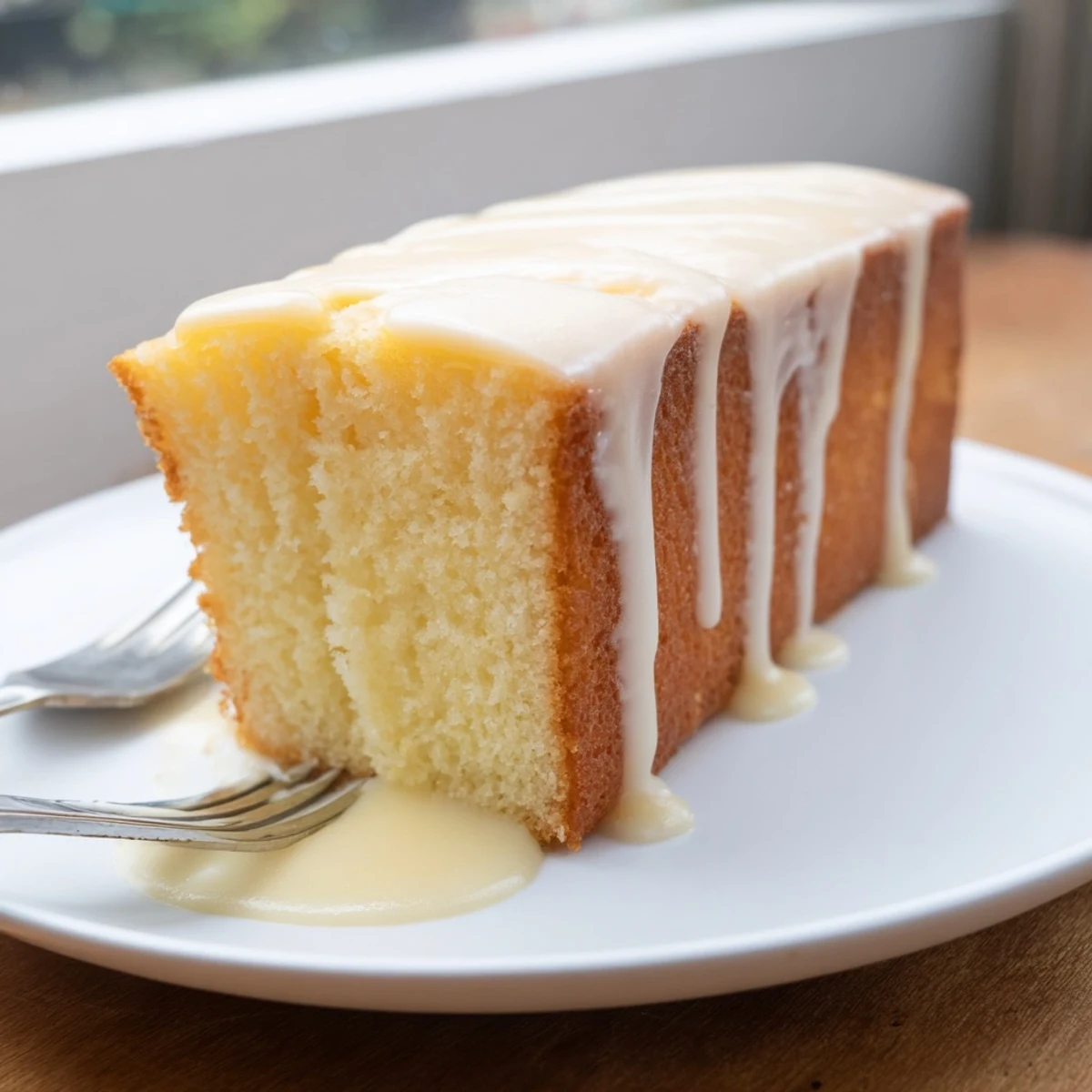 Golden church cake with vanilla glaze drizzled over a moist tender slice on white plate