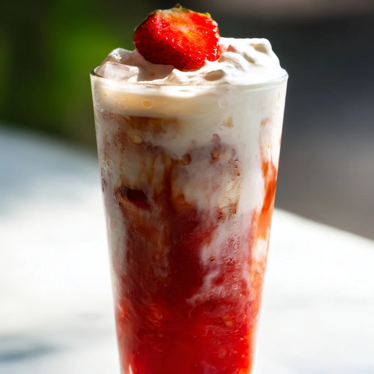 Creamy strawberry cold latte in a tall glass with ice and fresh berry garnish