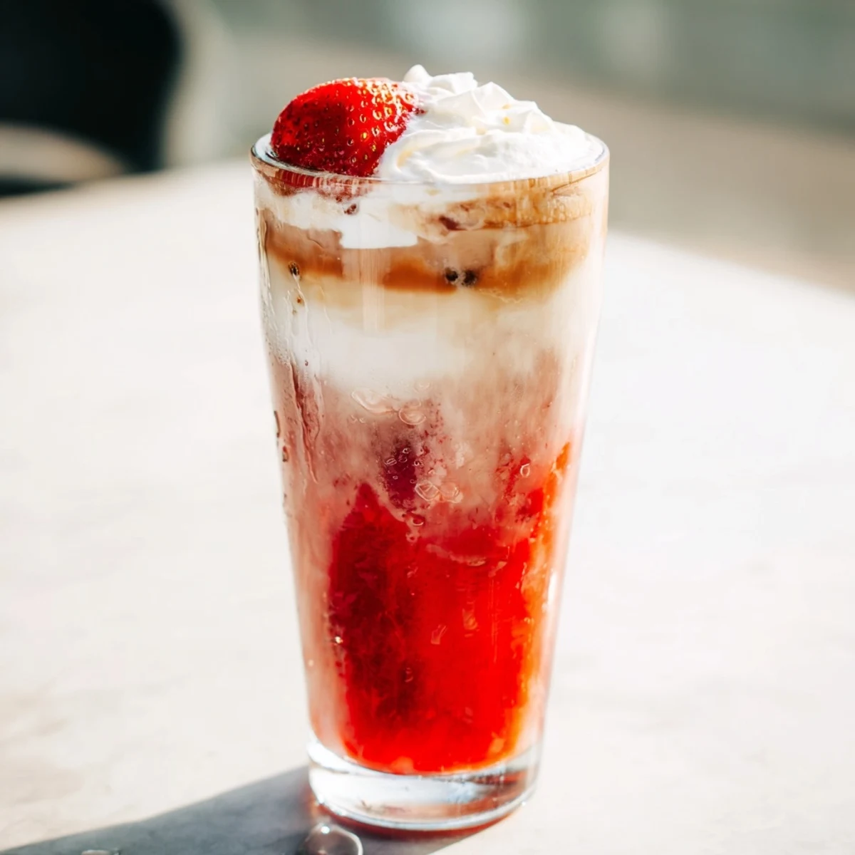 Strawberry cream cold latte with swirled coffee layers topped with fluffy whipped cream