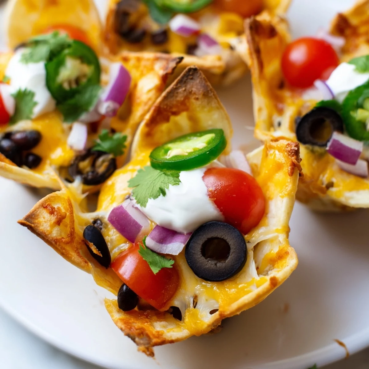 Golden cheesy nacho cups bubbling with melted cheddar and colorful fresh toppings in muffin tin