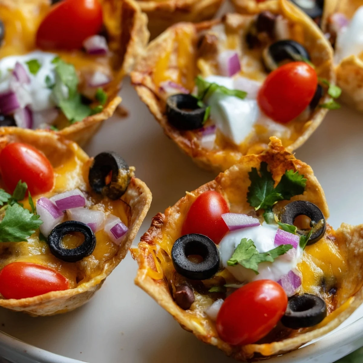 Crispy tortilla cups piled high with gooey Monterey Jack cheese, black beans, and zesty garnishes