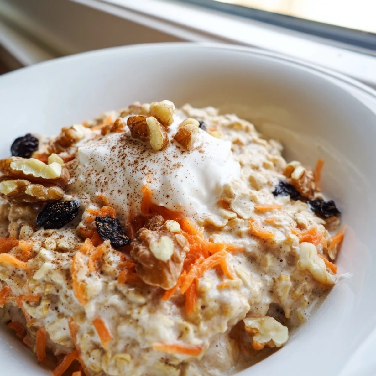 Creamy Carrot Cake Overnight Oats in a mason jar with grated carrots and raisins