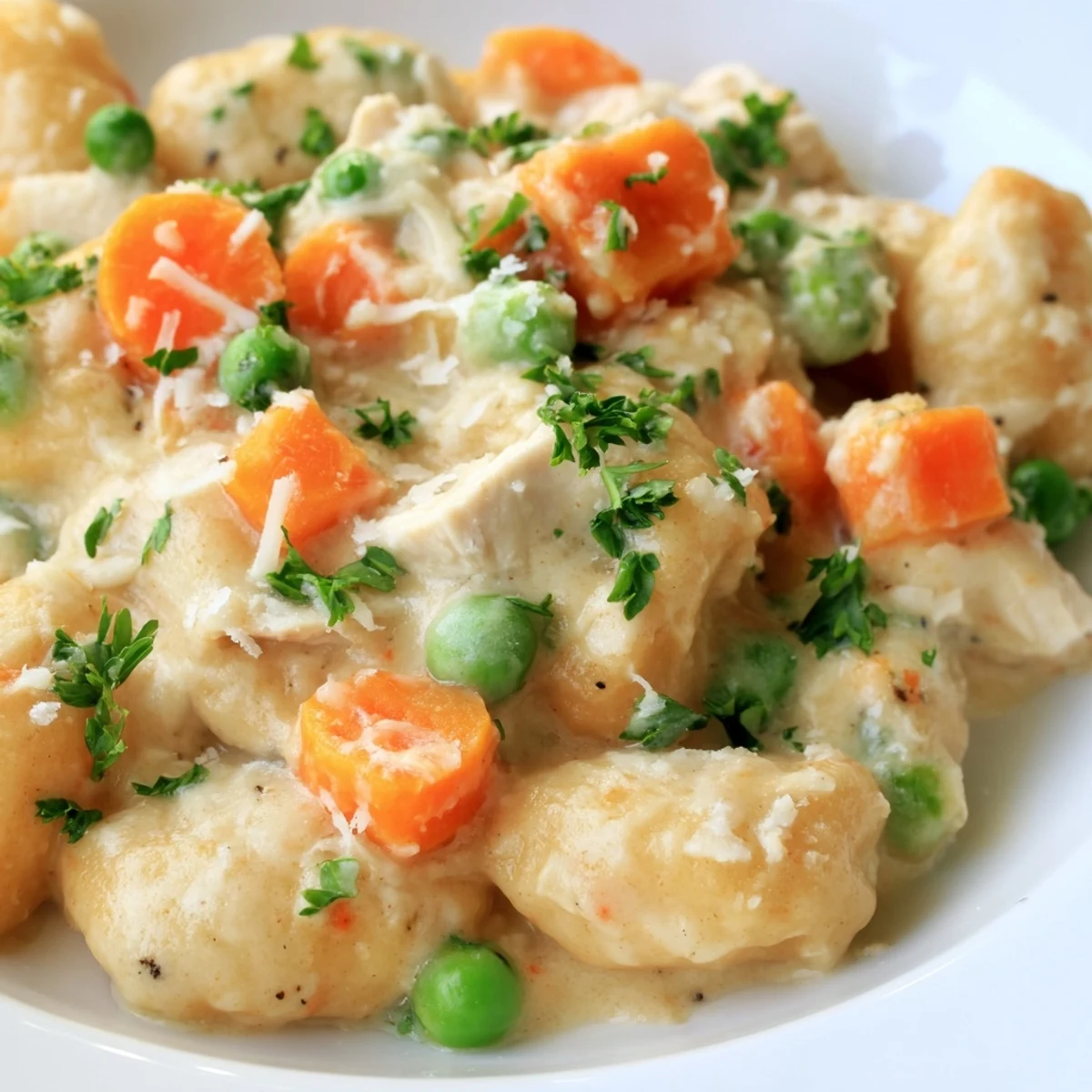 Creamy one pot gnocchi chicken pot pie with tender vegetables in golden savory sauce