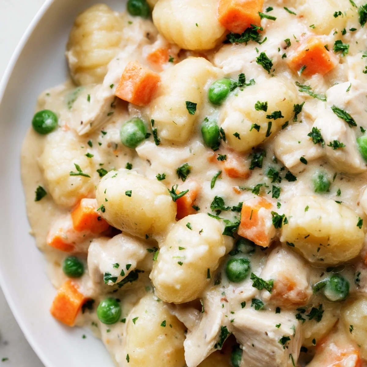 One pot gnocchi chicken pot pie topped with fresh parsley in rustic skillet