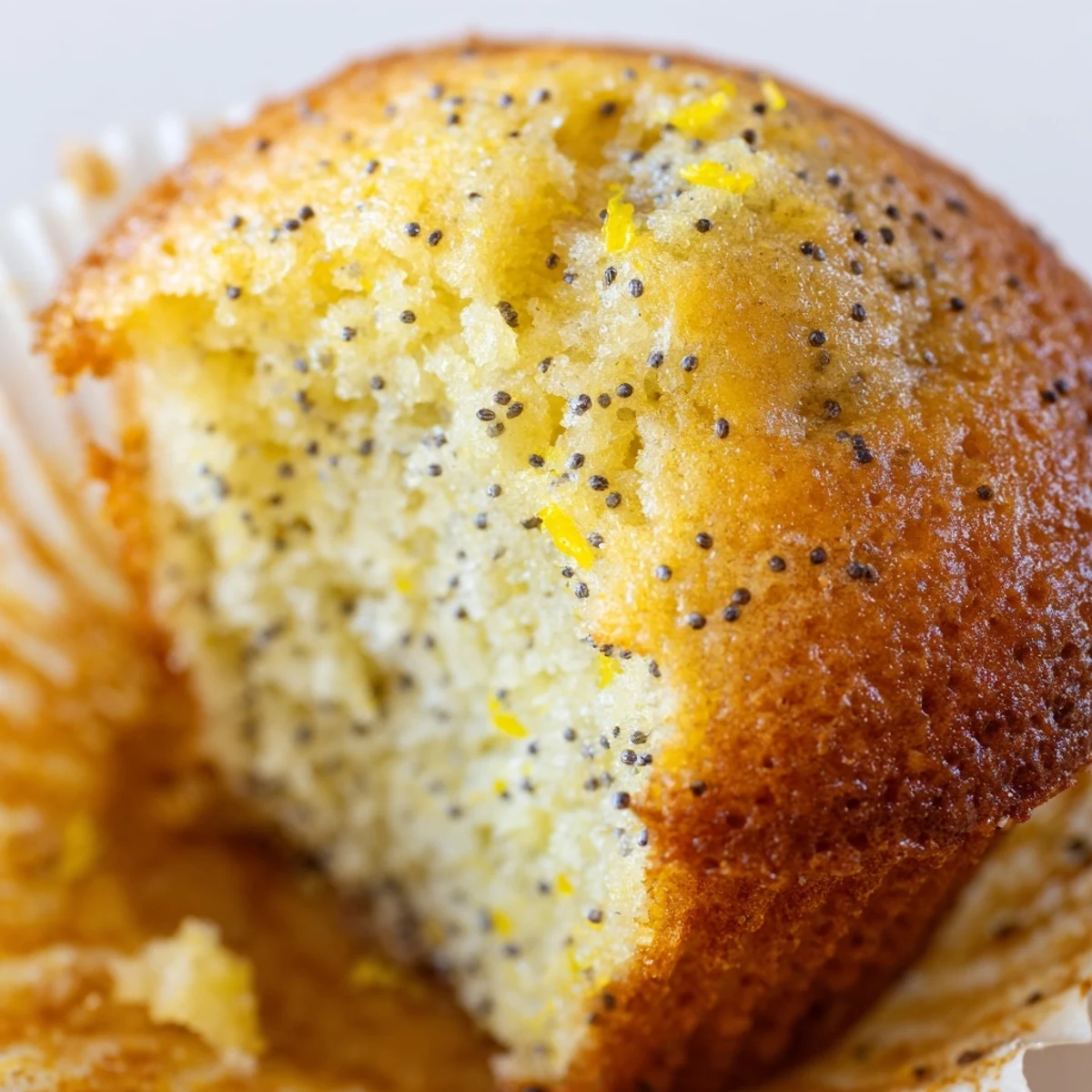 Golden lemon poppy seed muffins with domed tops resting in a lined muffin tin
