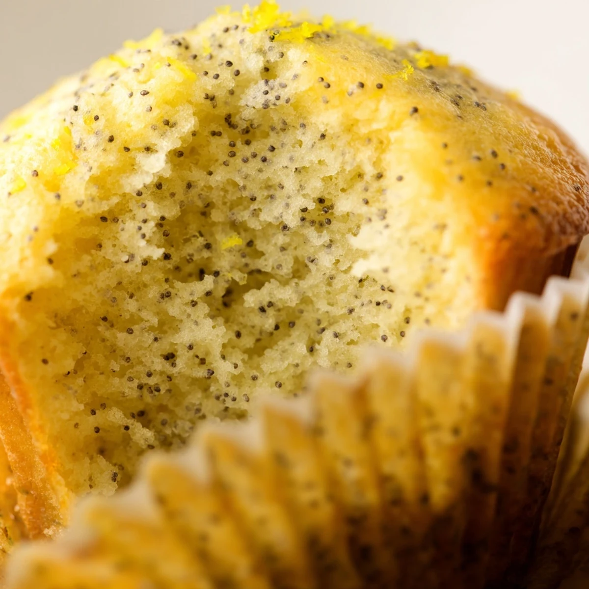 Moist lemon poppy seed muffins studded with dark seeds on a white plate