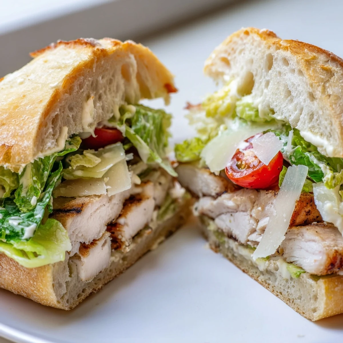 Golden grilled chicken Caesar sandwich with crisp romaine and creamy dressing on toasted ciabatta