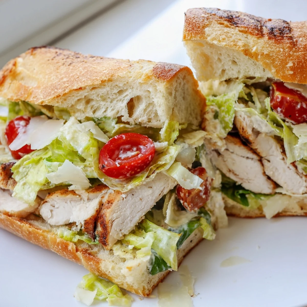 Toasted chicken Caesar sandwich layered with shaved Parmesan and fresh romaine on crusty bread
