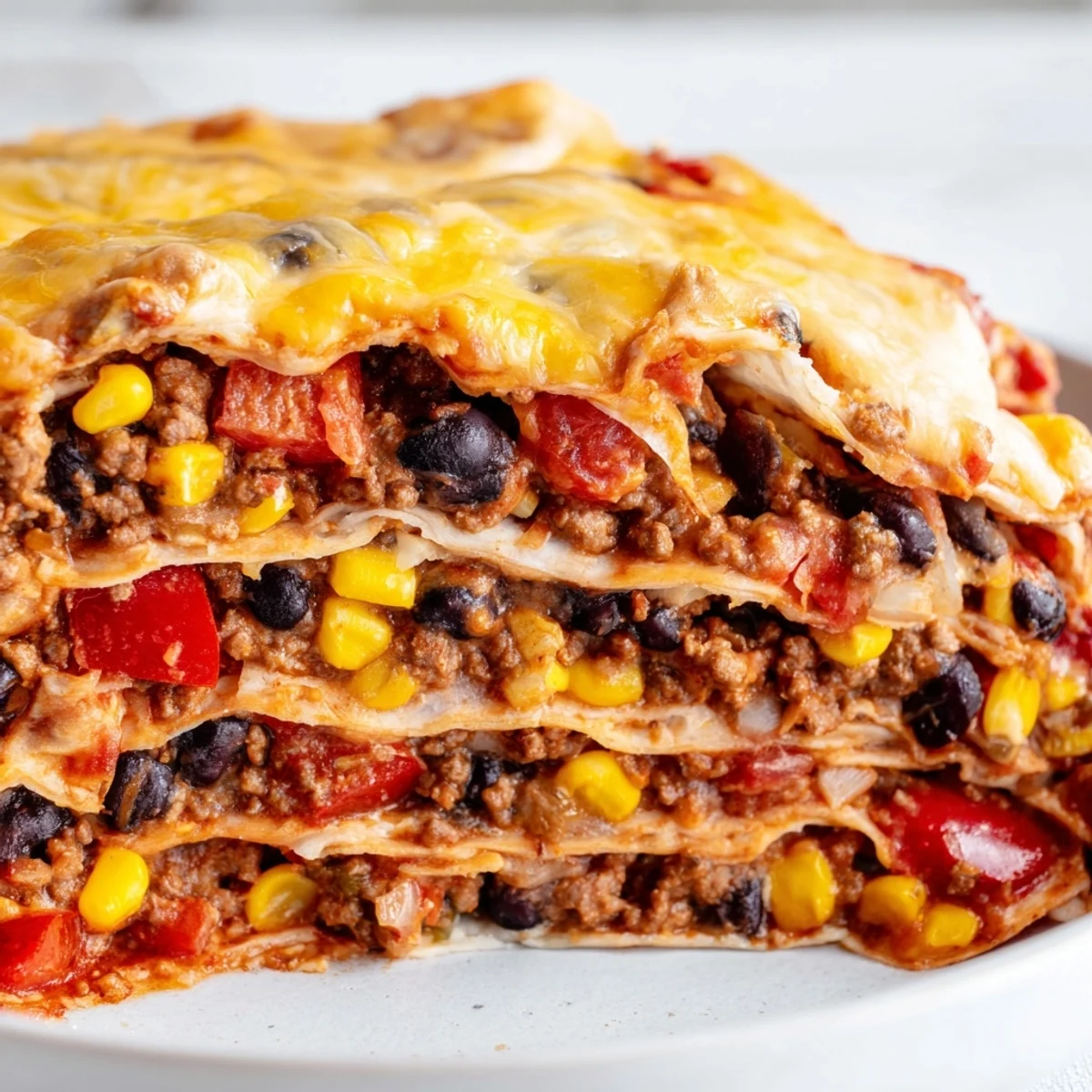 Golden bubbly Mexican lasagna with layers of seasoned beef, beans, and melted cheese