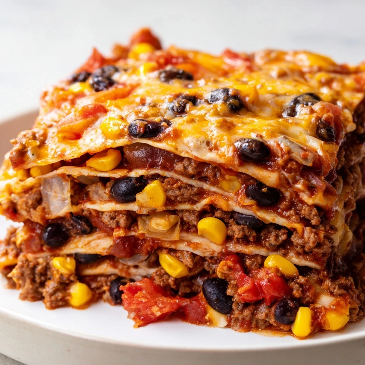 Mexican lasagna fresh from the oven with gooey cheese and colorful pepper flecks