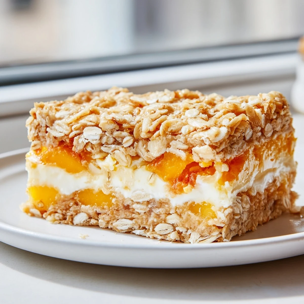 Golden Peaches and Cream Crumble Bars with buttery oat topping on a rustic wooden cutting board
