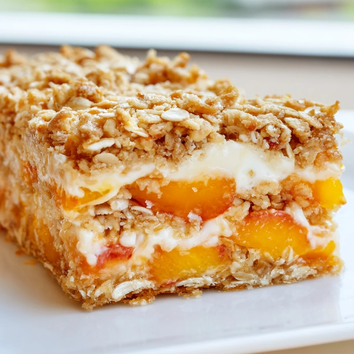 Creamy peach-filled dessert bars with golden crumble layers cut into perfect squares for serving