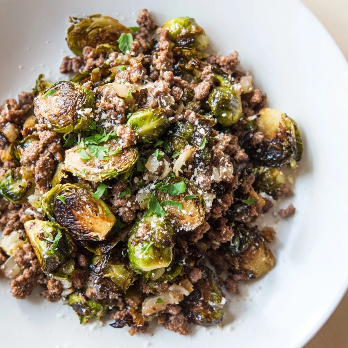 Golden caramelized Brussels sprouts with savory ground beef in a cast iron skillet