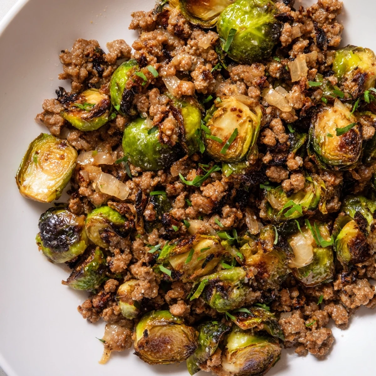 Ground beef Brussels sprouts recipe served steaming hot with fresh parsley garnish on top
