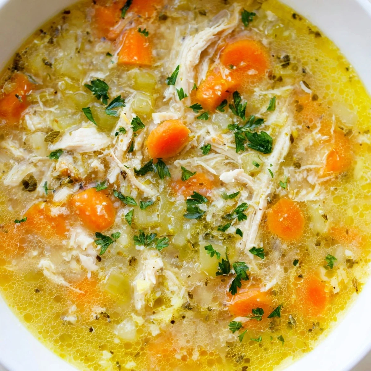Warm crockpot lemon chicken soup in a white bowl garnished with fresh parsley