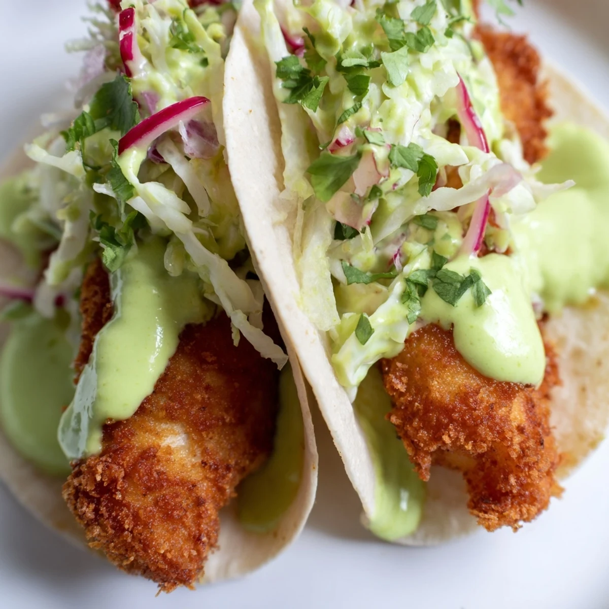 Crispy golden Baja fish tacos topped with vibrant cabbage slaw and creamy avocado crema drizzle