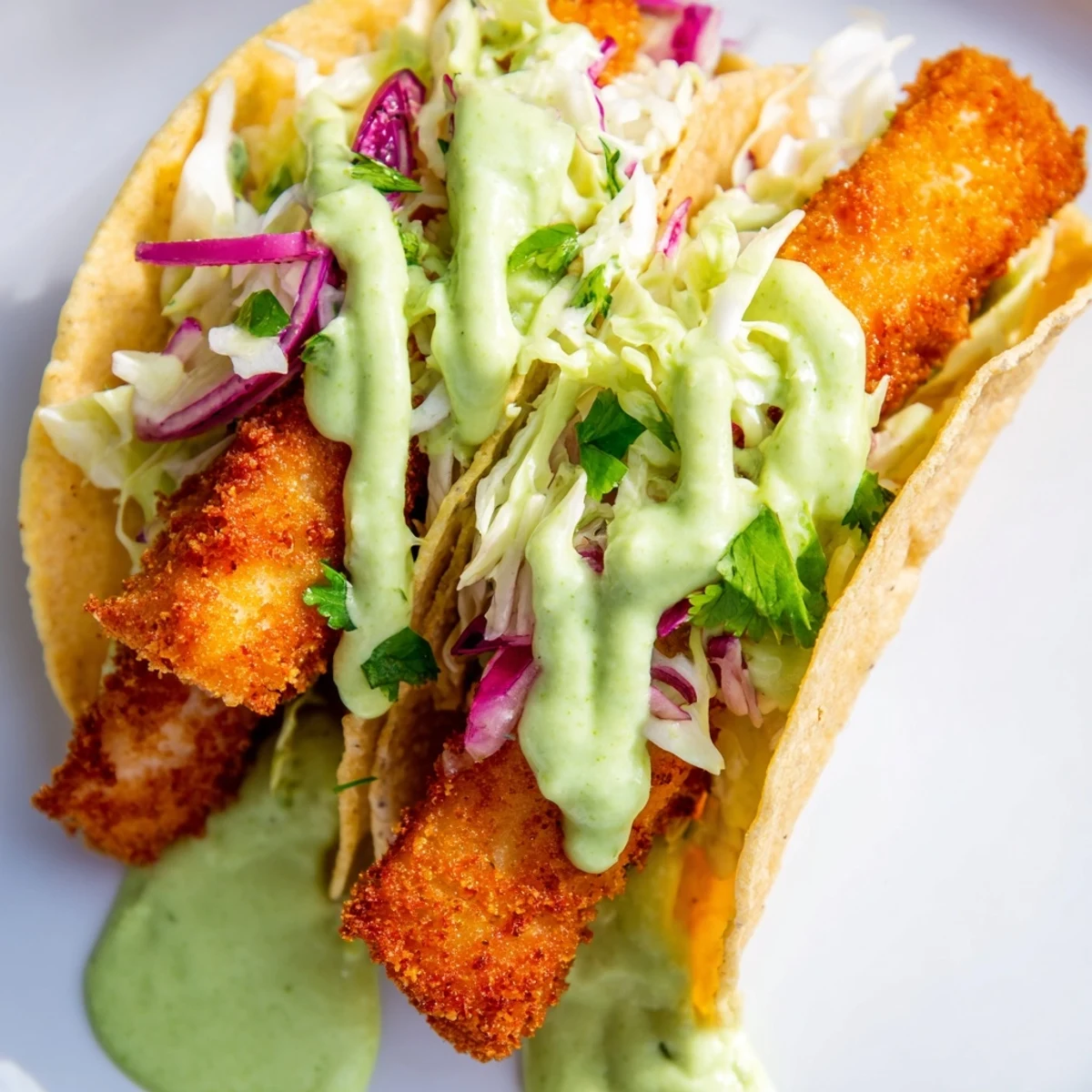 Baja fish tacos served in warm corn tortillas with zesty slaw and smooth green avocado sauce