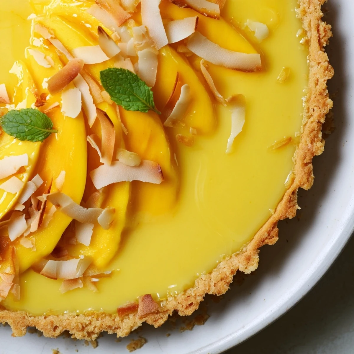 Golden Mango Curd Tart topped with fresh mango slices and toasted coconut flakes