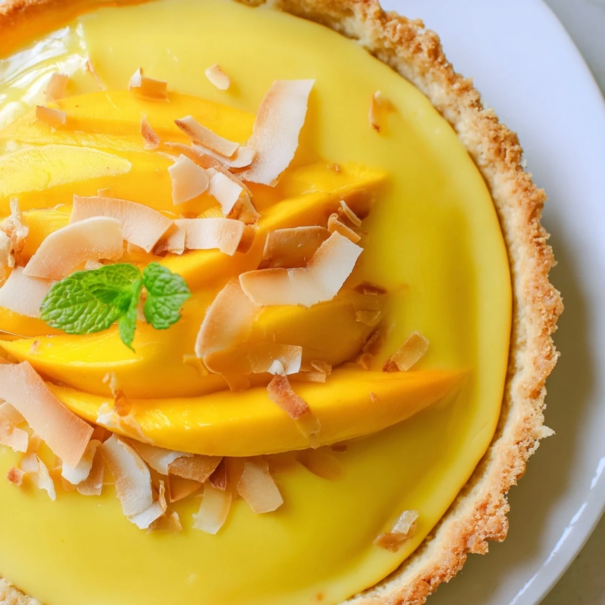 Creamy yellow mango curd fills a buttery tart crust garnished with mint leaves
