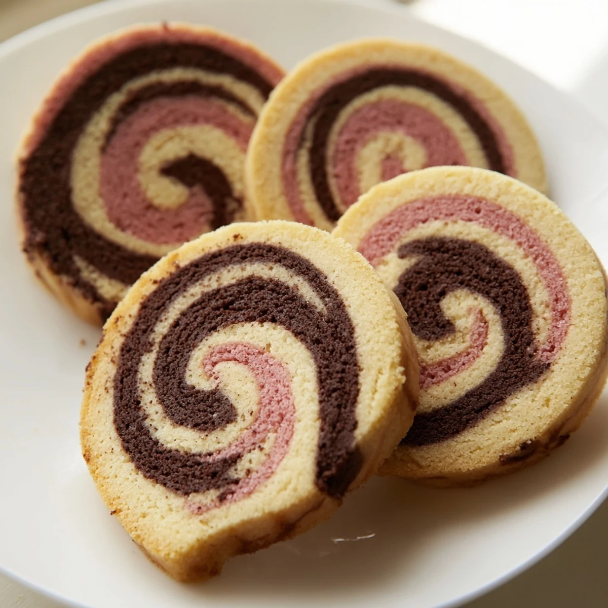 Neapolitan swirl cookies with chocolate, vanilla, and strawberry spirals on a rustic baking sheet.