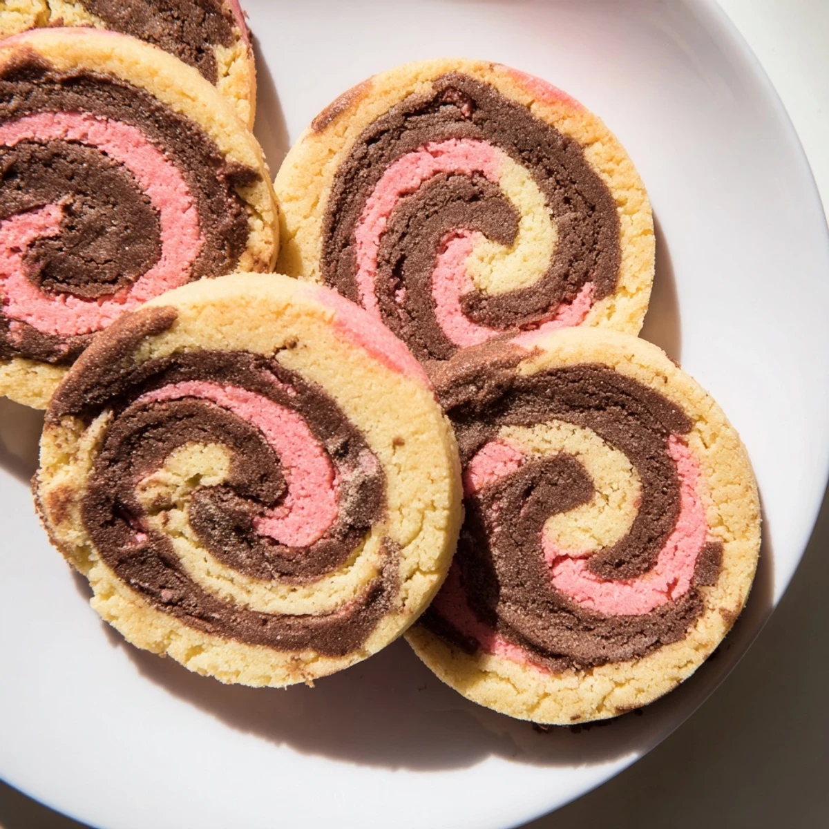 Soft Neapolitan swirl cookies showcasing vibrant pink, golden, and brown pinwheel edges fresh from the oven.