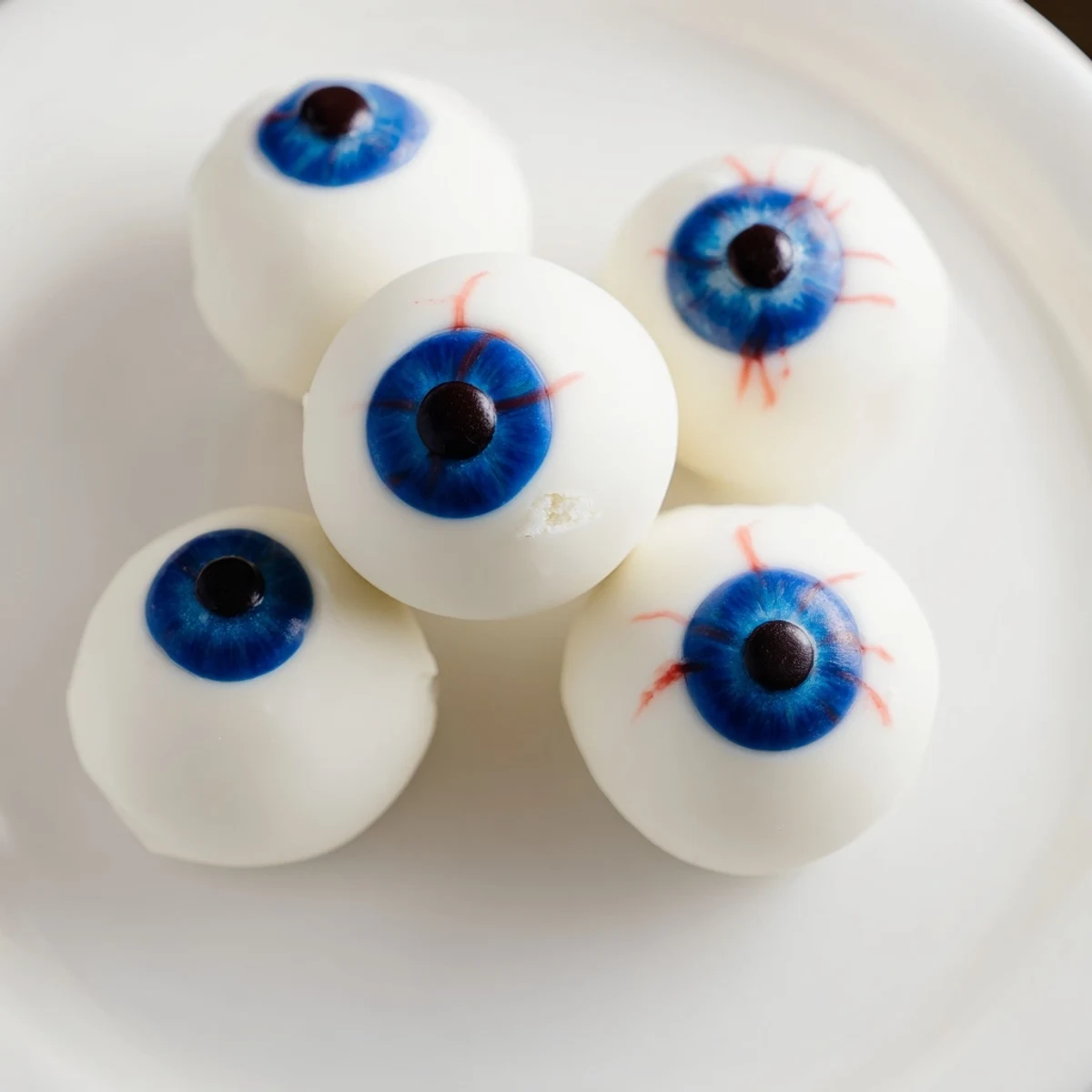 Halloween Cake Eyeballs with red veins and colorful irises on a dark party platter