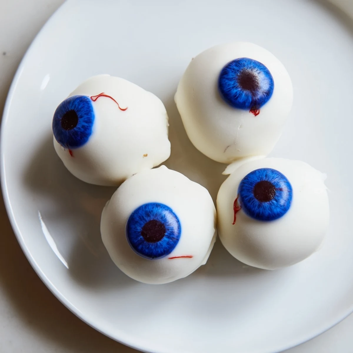 Creepy Halloween Cake Eyeballs coated in smooth white chocolate with detailed iris pupils