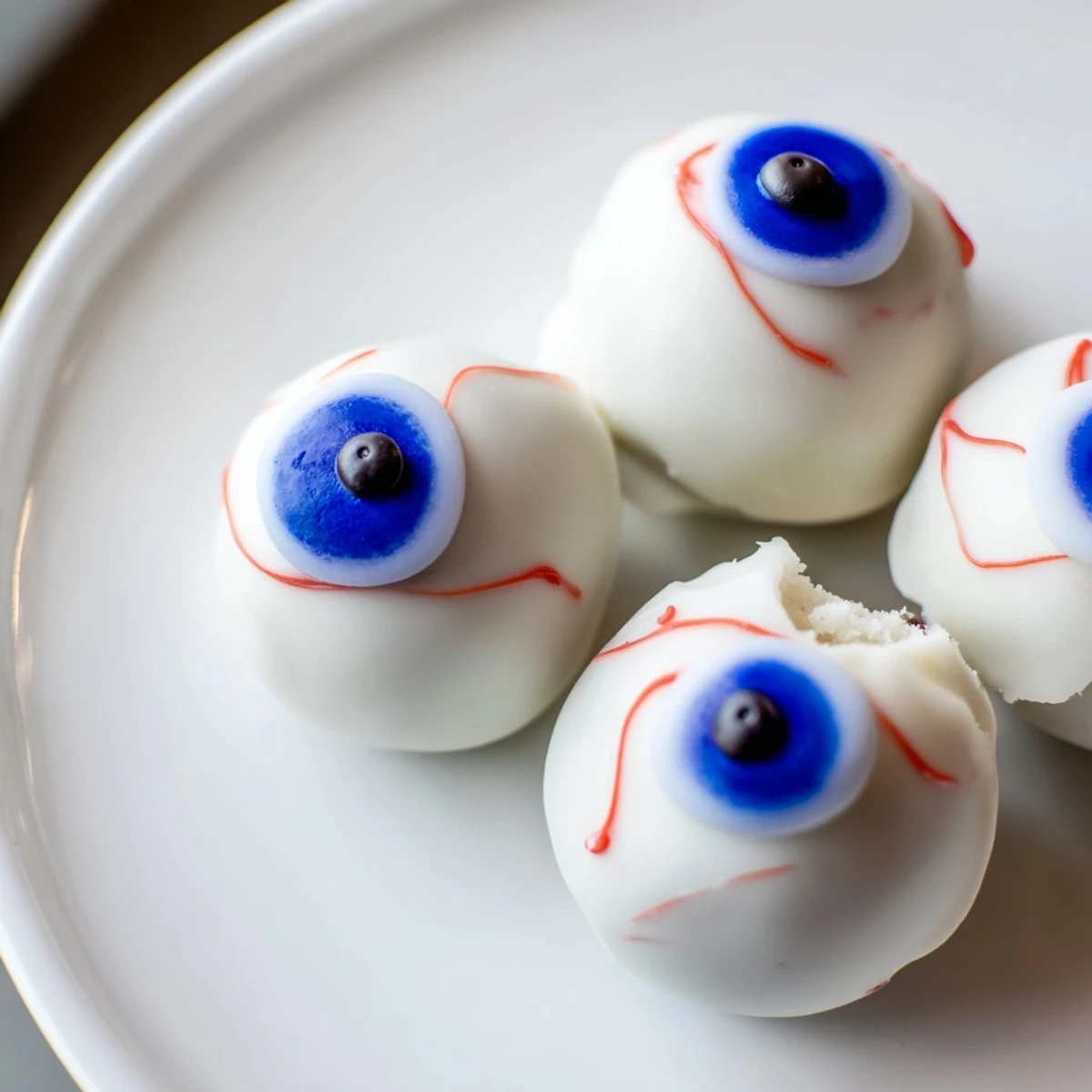 Plate of spooky Halloween Cake Eyeballs featuring realistic bloodshot veins and glossy coating