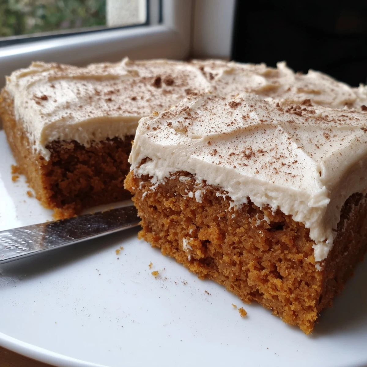 Dusted with cinnamon a frosted pumpkin bar sits on a rustic autumn plate