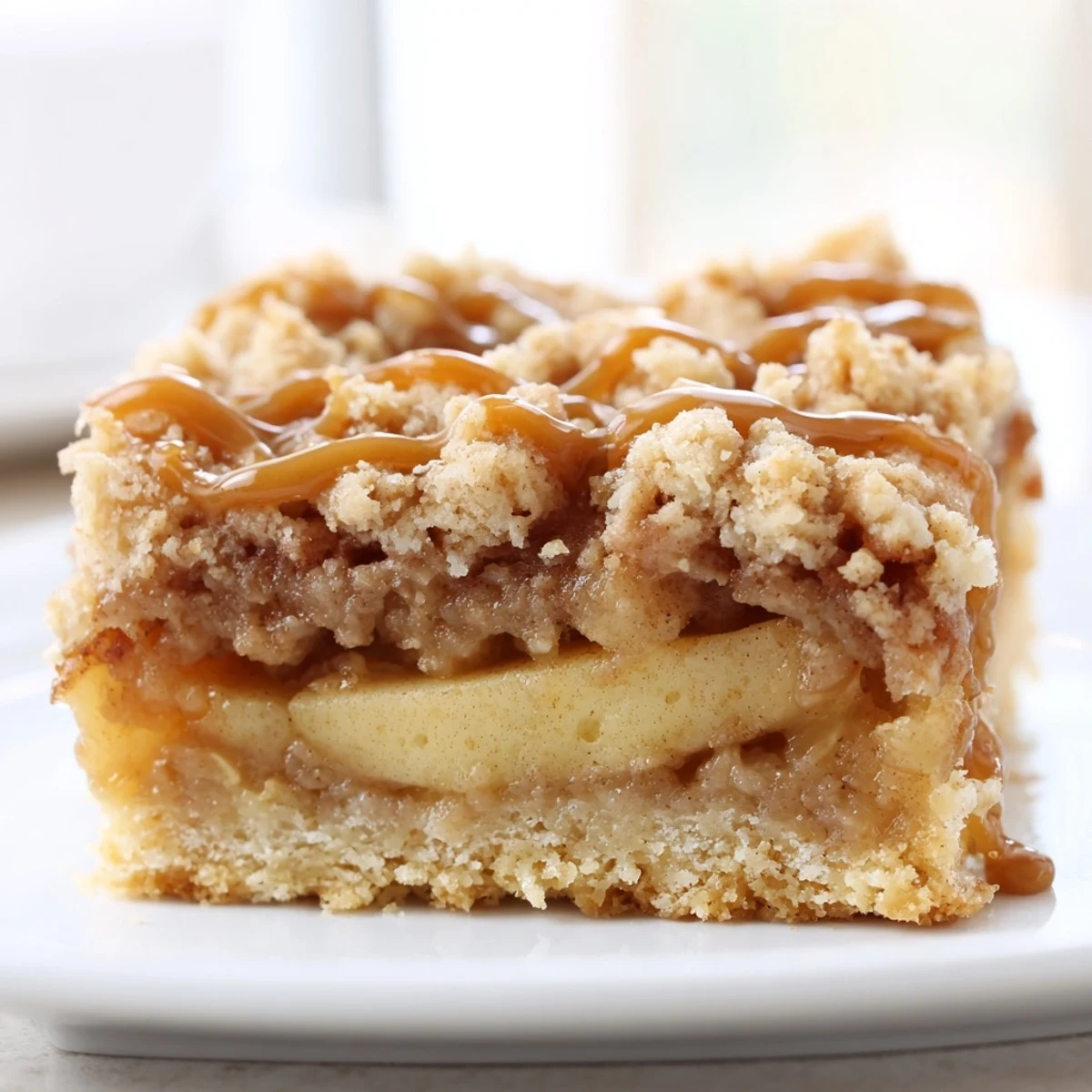 Warm caramel apple crumb bars cut into squares drizzled with extra caramel sauce