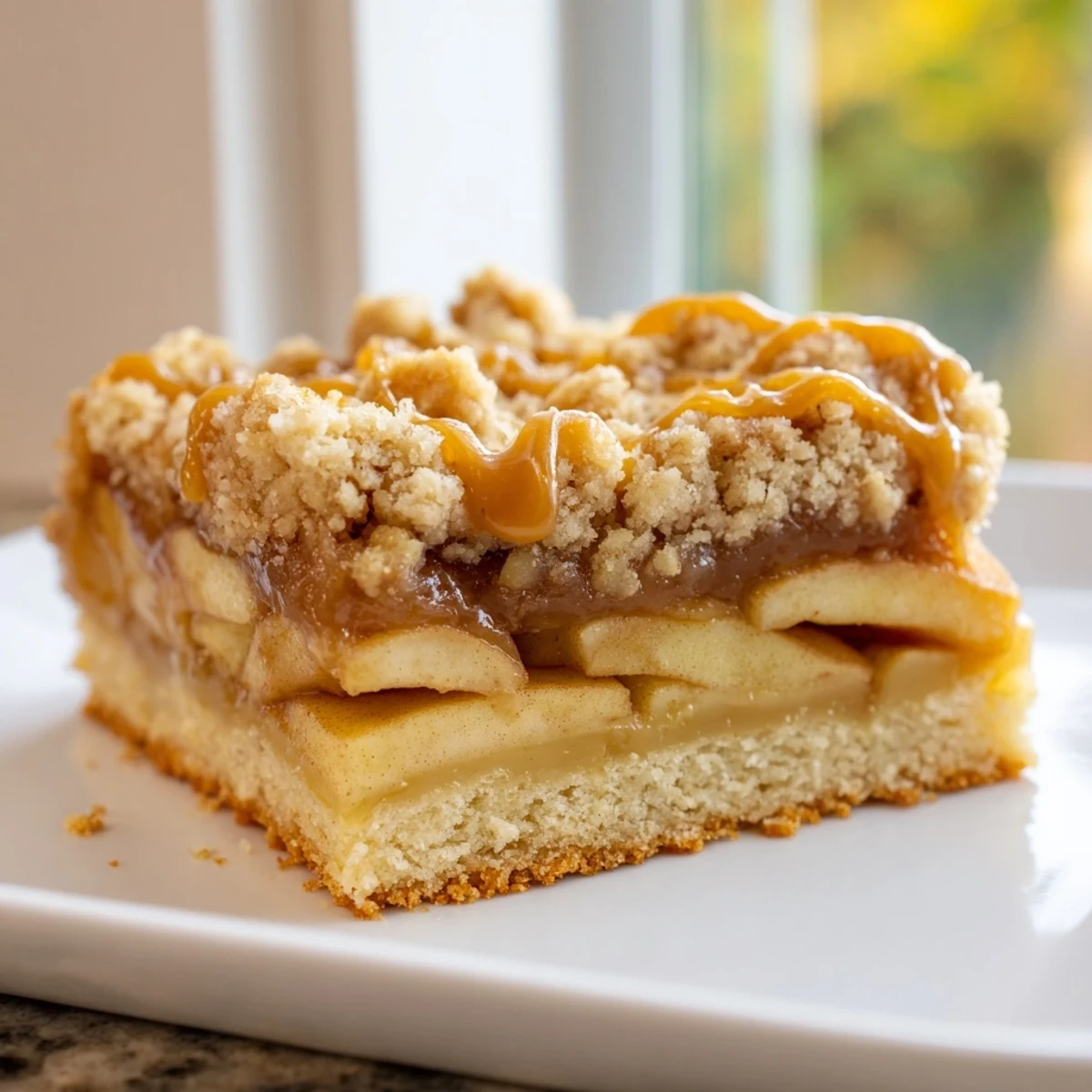Golden caramel apple crumb bars with a buttery streusel topping on a rustic plate