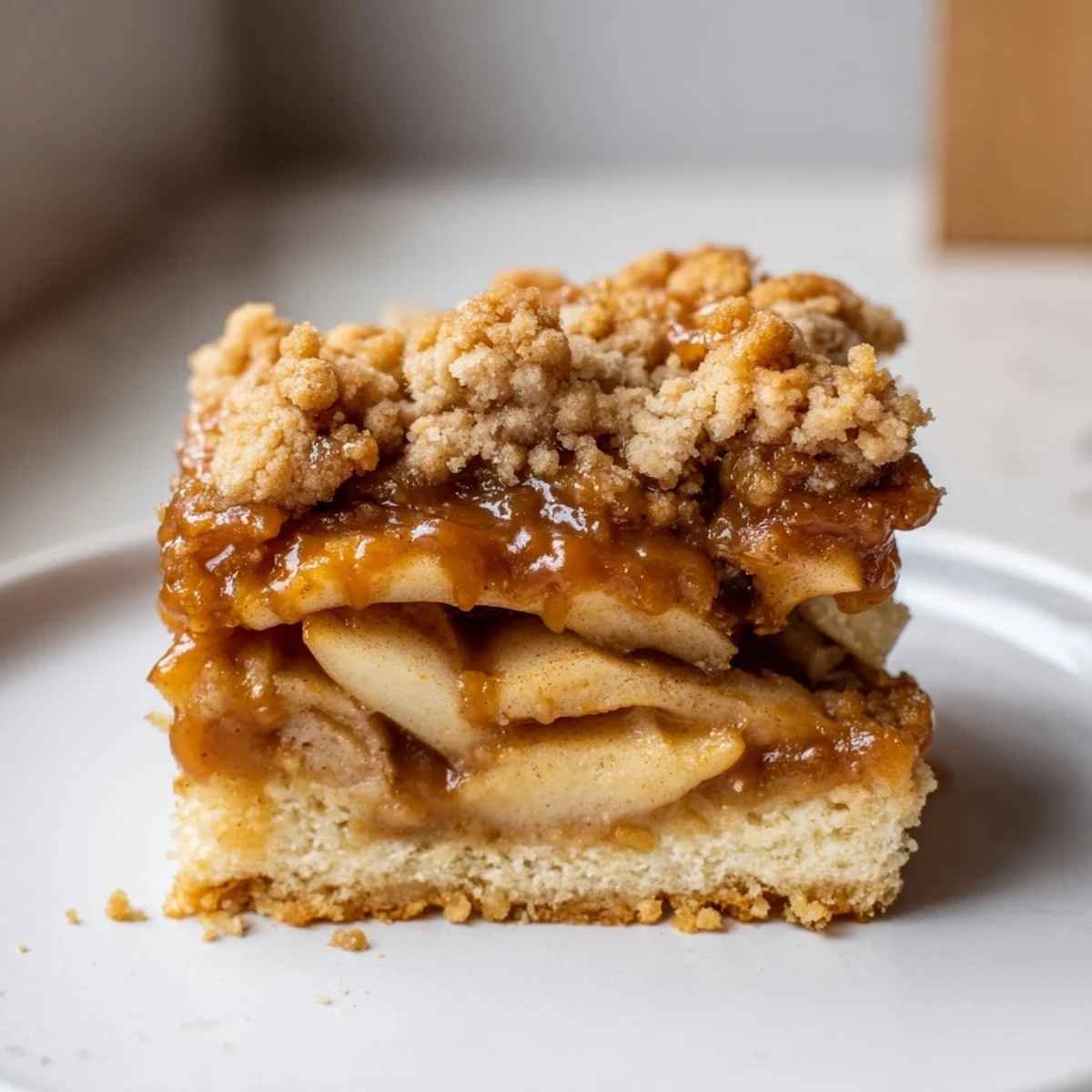 Thick caramel apple crumb bars featuring tender cinnamon apples nestled in a shortbread crust