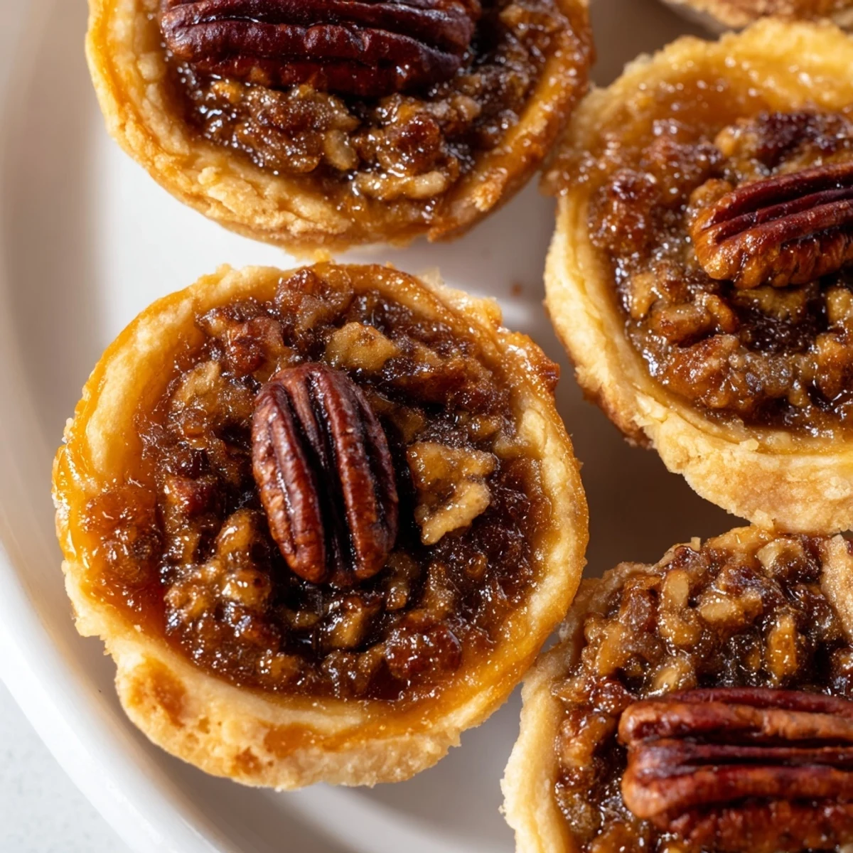 Golden mini pecan pies with caramelized filling fresh from the oven on a wire rack