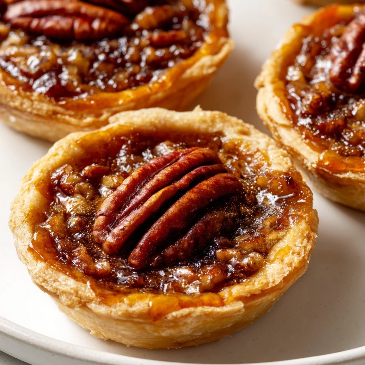 Bite-sized mini pecan pies topped with toasted nuts arranged on a holiday dessert platter