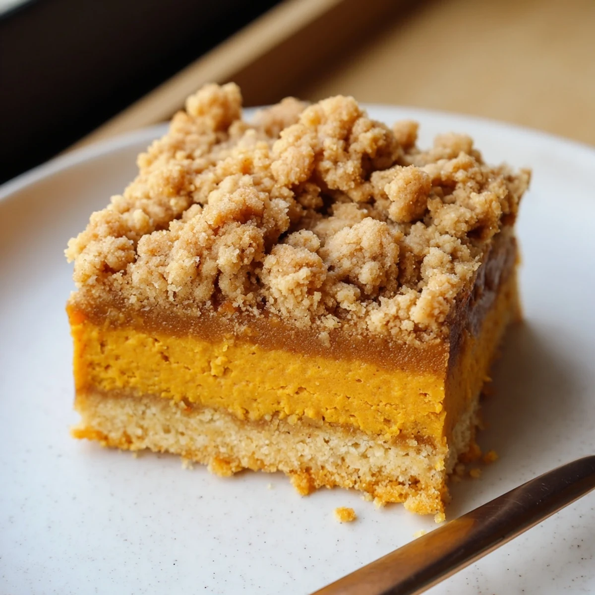 Golden brown sugar maple pumpkin butter bars with a crumbly cinnamon streusel topping on a rustic plate