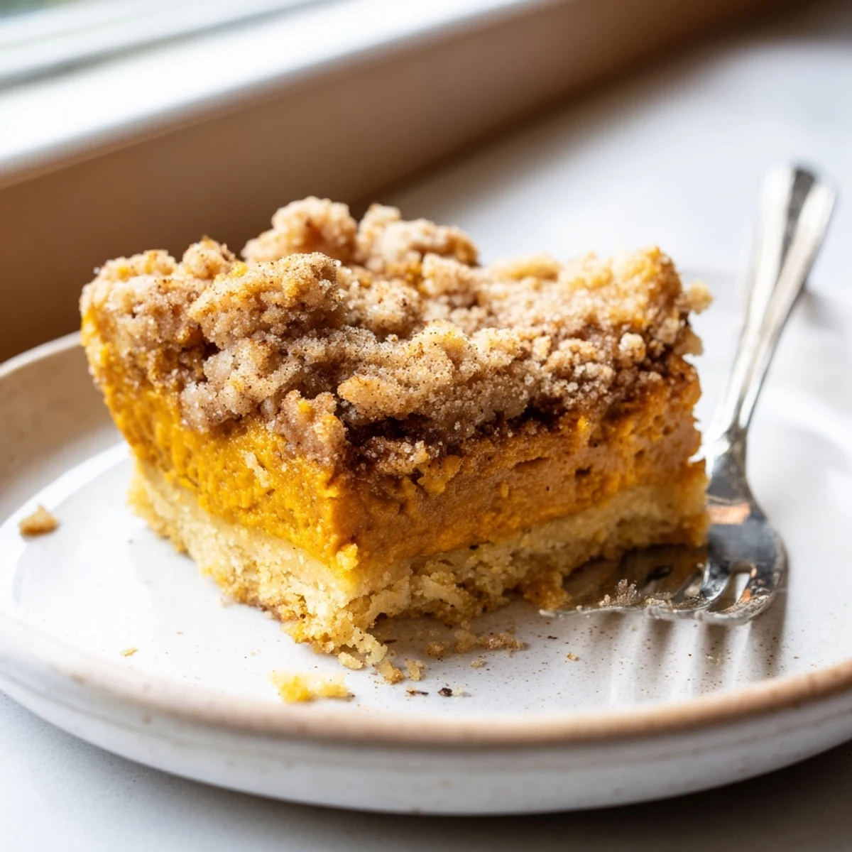 Creamy brown sugar maple pumpkin butter bars sliced into squares dusted with warm spice and served alongside coffee